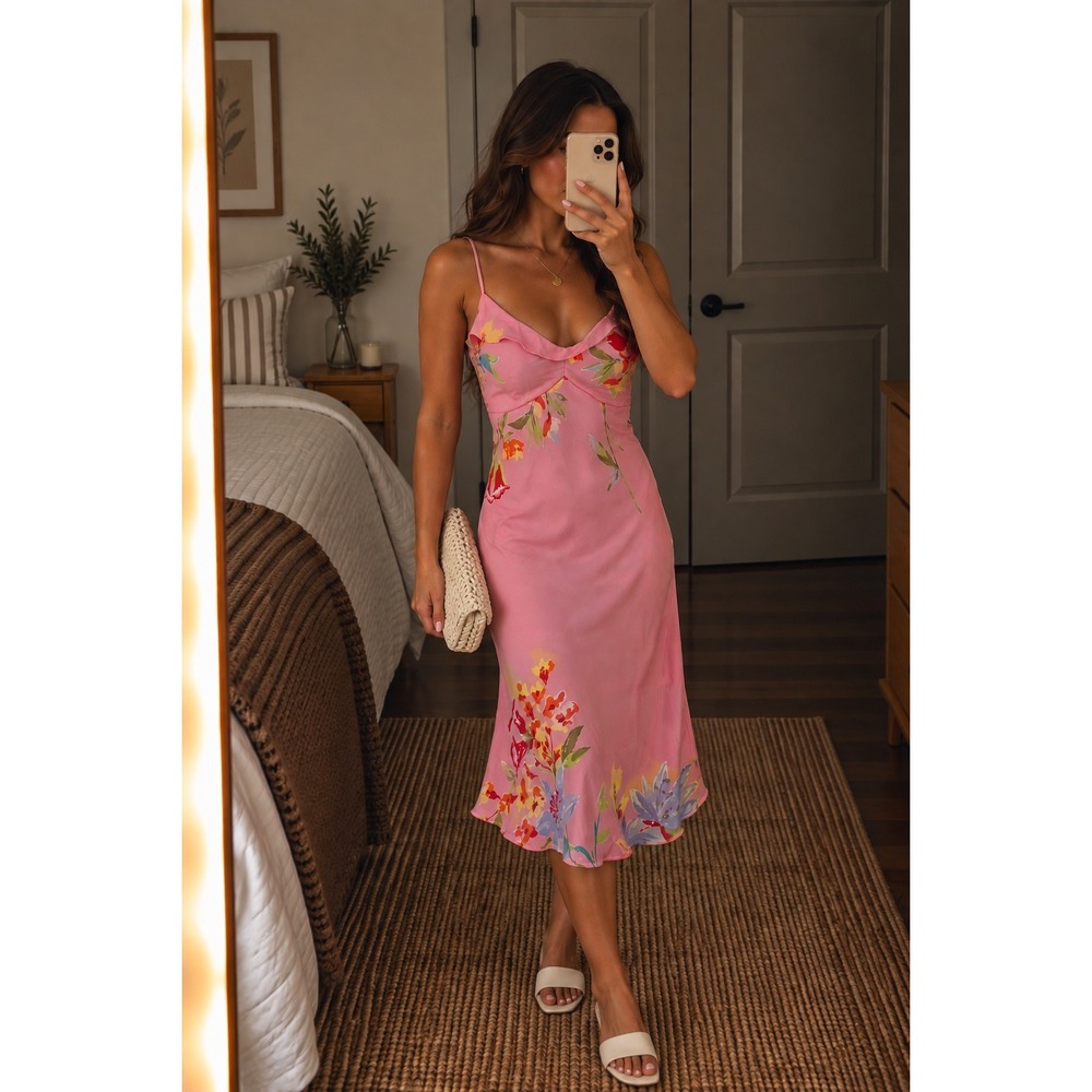 RAG Pink Floral Slip Midi Dress V-Neck Camisole Spaghetti Strap Coquette 9